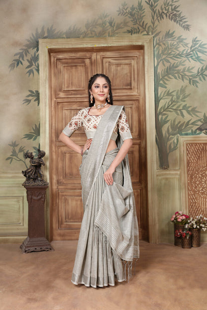 Dhiyona GR Women's Glory French Grey Soft Linen Solid Woven Saree