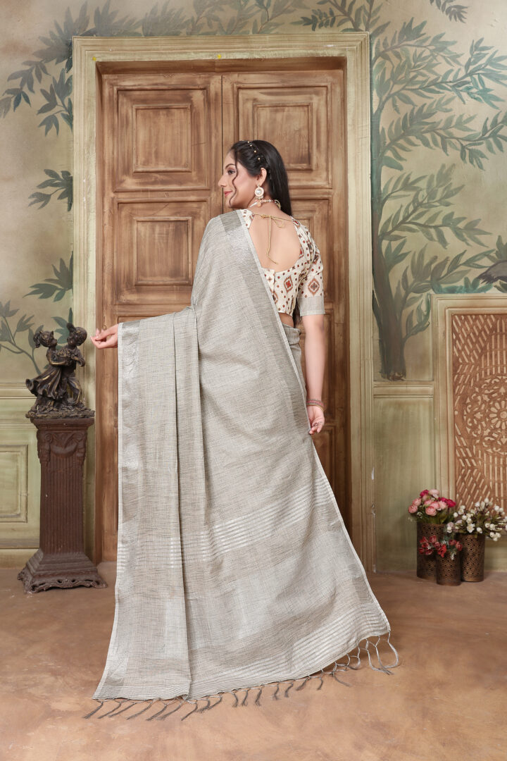 Dhiyona GR Women's Glory French Grey Soft Linen Solid Woven Saree