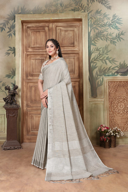 Dhiyona GR Women's Glory French Grey Soft Linen Solid Woven Saree