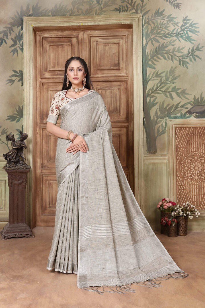 Dhiyona GR Women's Glory French Grey Soft Linen Solid Woven Saree