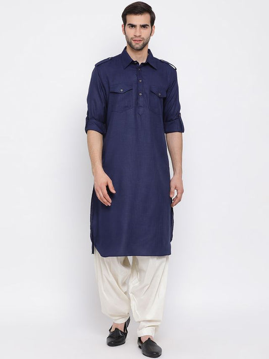 Men's Blue Cotton Blend Pathani Pathani Kurta Set