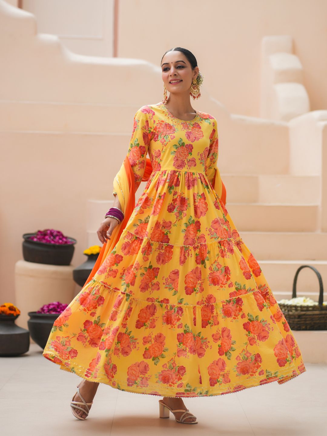 Dhiyona RR Women's Floral Printed Sequinned Pure Cotton Anarkali Kurta with Trousers & Dupatta