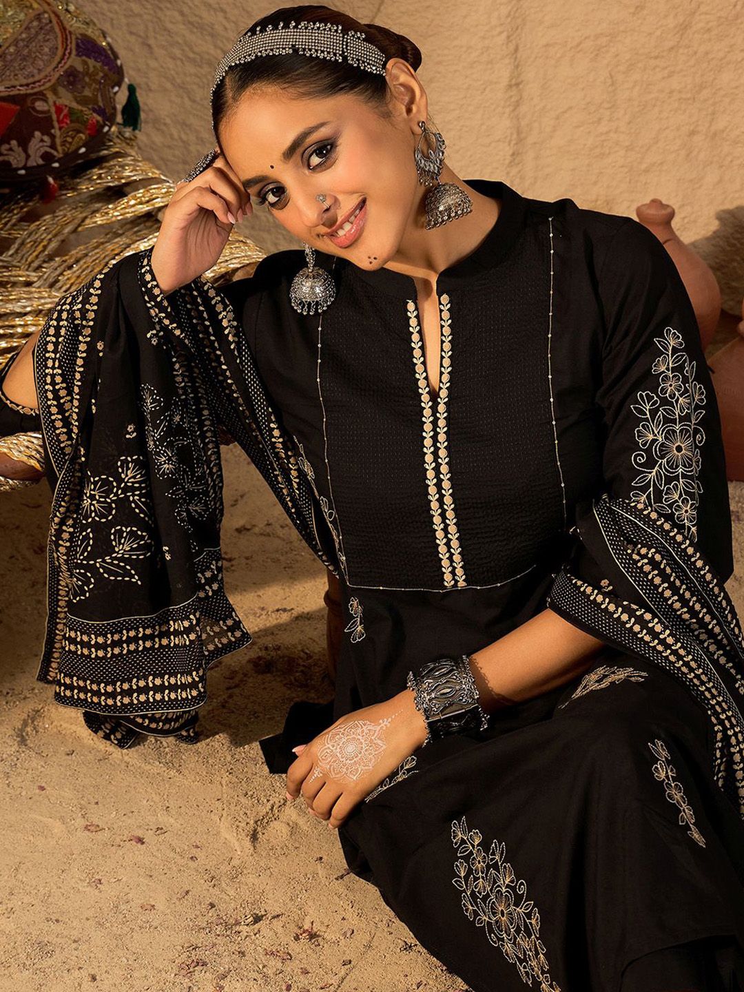Dhiyona IE Women Ethnic Motifs Embroidered Pure Cotton A-Line Kurta with Trouser & Dupatta