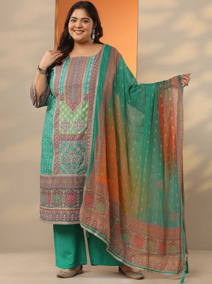 Dhiyona Women's Plus Size Printed Square Neck Straight Kurta With Palazzos & Dupatta