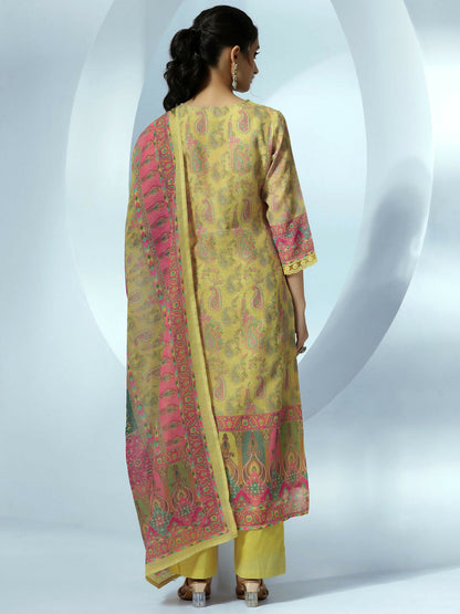 Women's LB Yellow Printed Linen Straight Suit With Dupatta