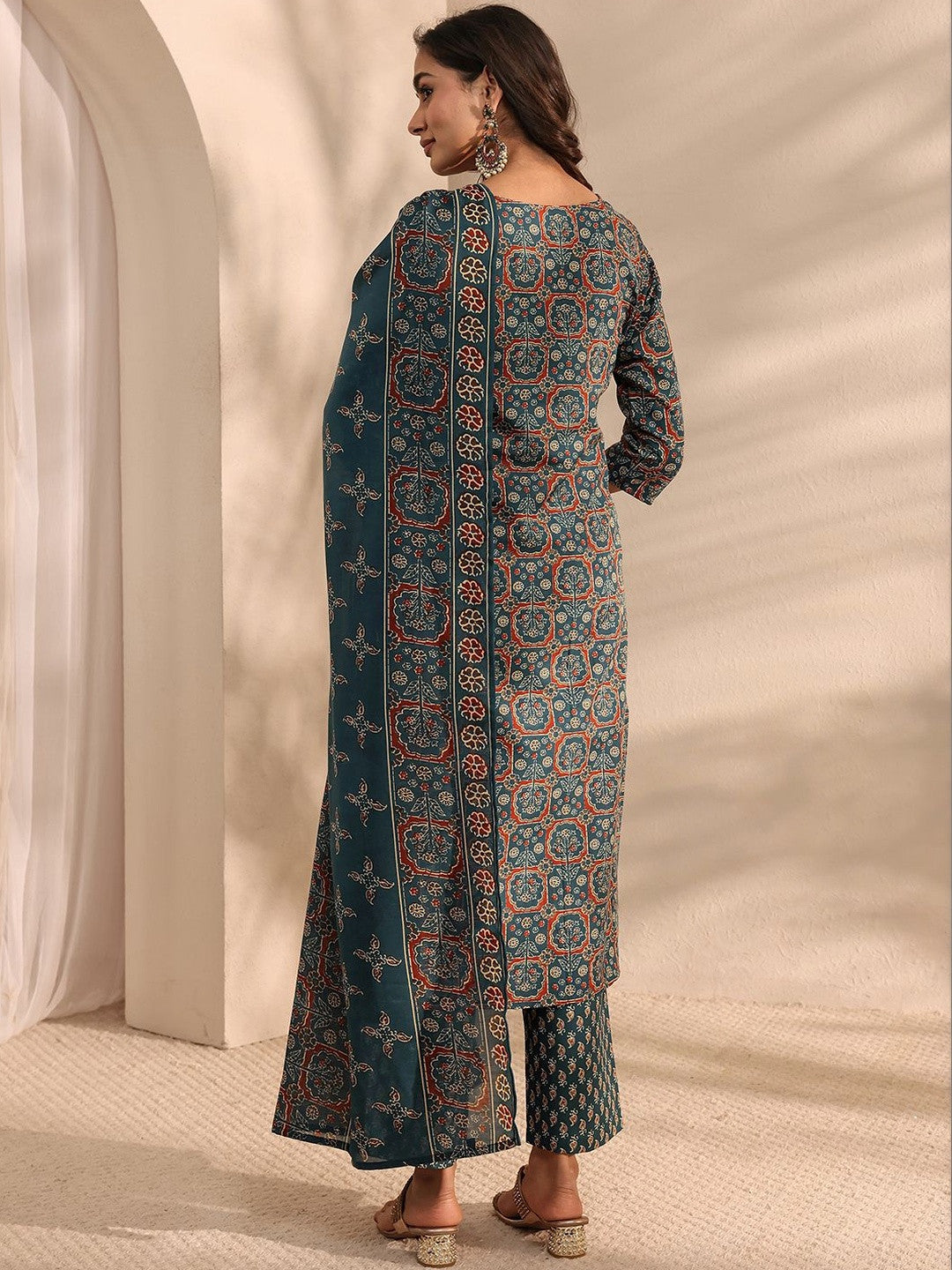 Libas Teal Ajrak Printed Straight Suit Set with Dupatta