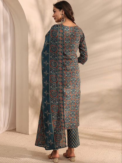 Libas Teal Ajrak Printed Straight Suit Set with Dupatta