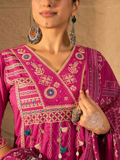 Dhiyona IE Women's Embroidered V-Neck Pure Cotton Straight Kurta With Trousers And Dupatta