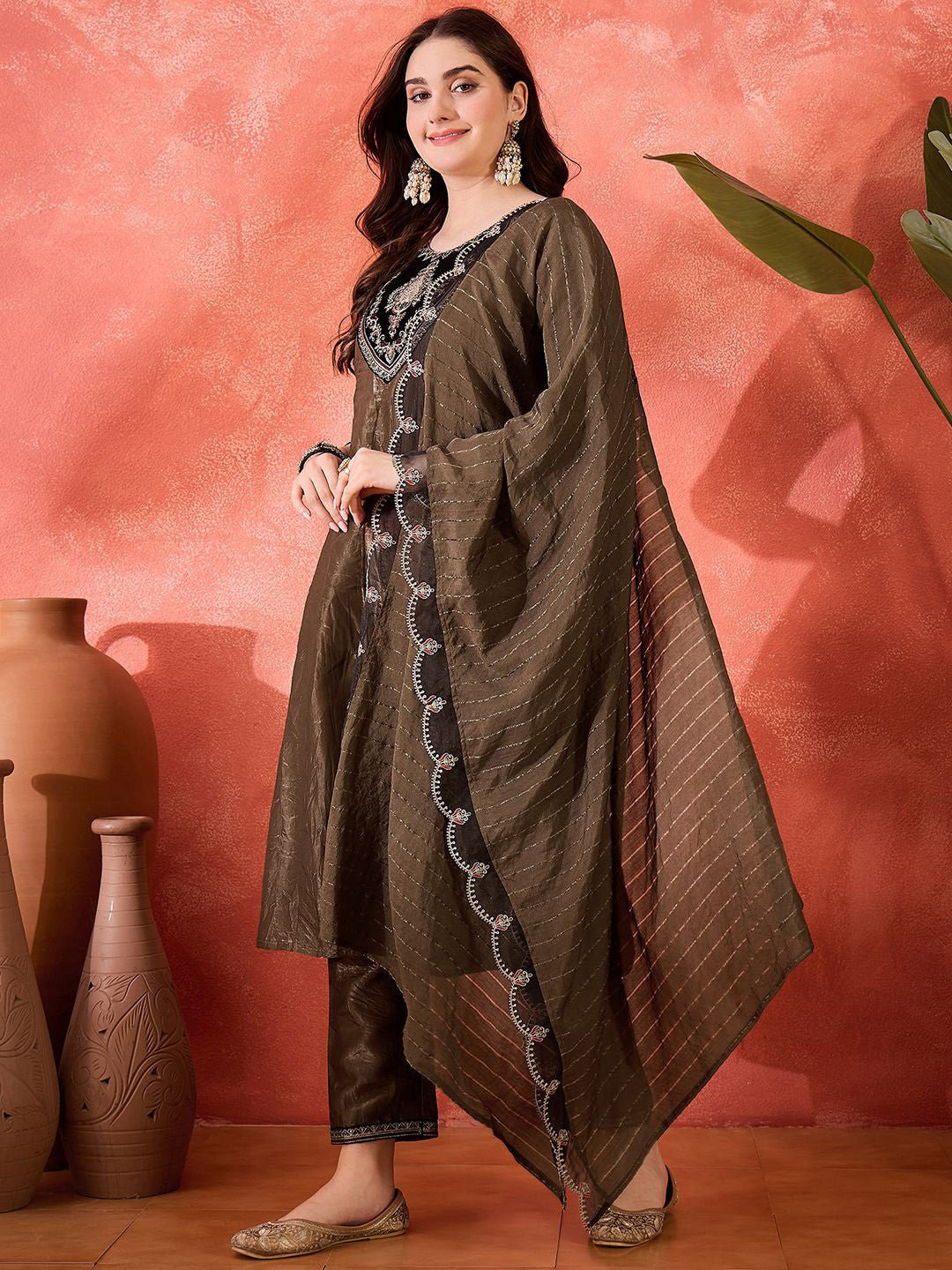 Floral Yoke Design Round Neck Sequinned A-Line Kurta With Trousers & Dupatta