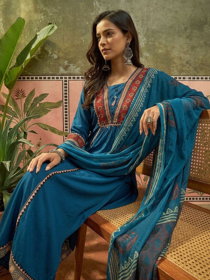 Square Neck A-Line Kurta & Palazzos With Dupatta