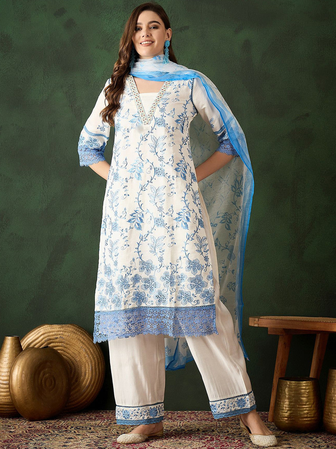 Blue Floral Embroidered Thread Work Straight Kurta With Trouser & Dupatta