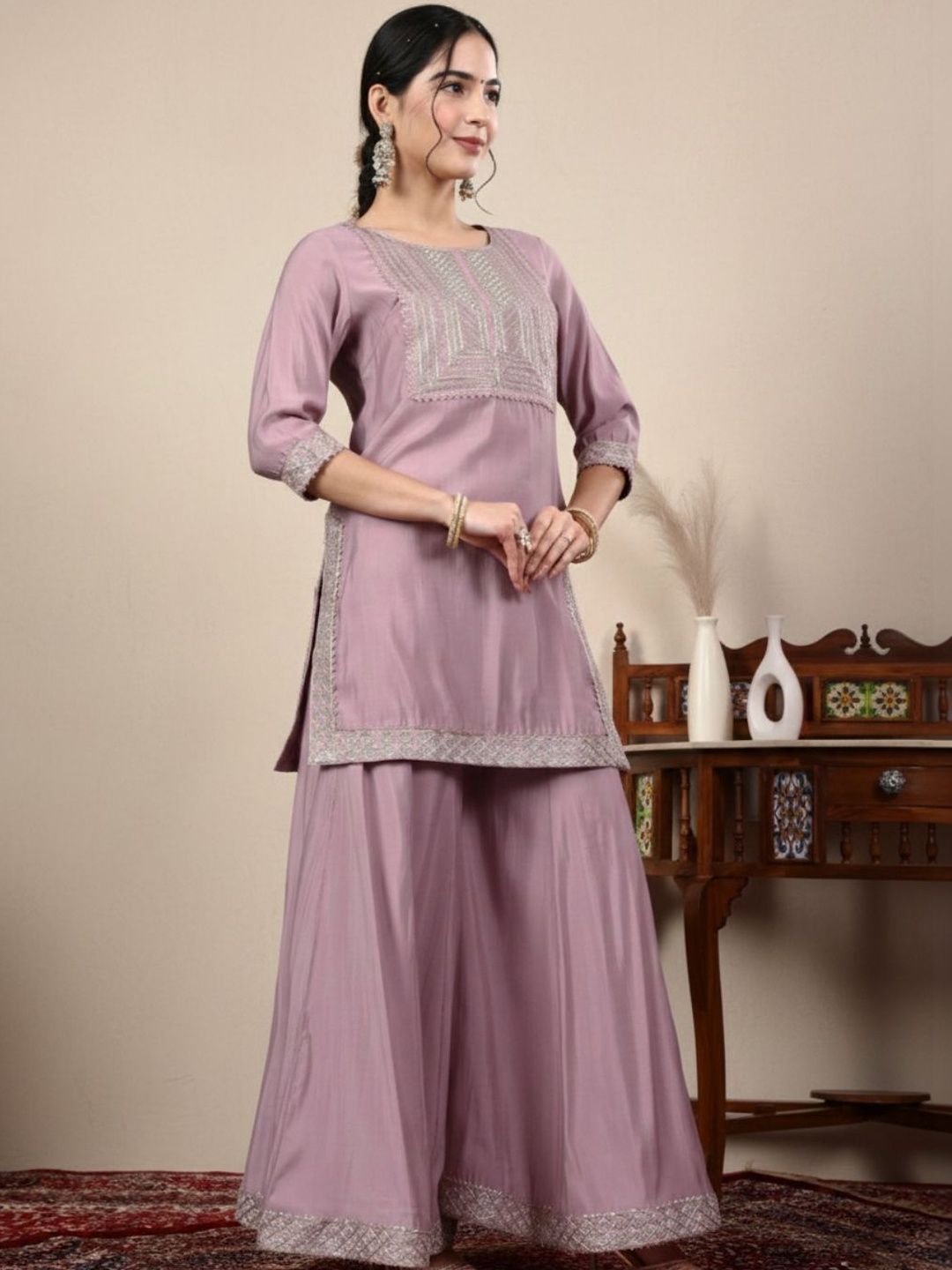 Dhiyona HOP Embroidered Round Neck Kurti & Sharara With Dupatta