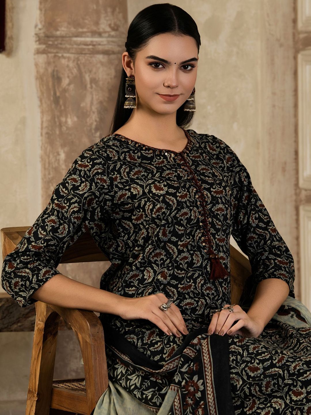Dhiyona SN Women's Floral Printed Cotton Kurta with Trousers & Dupatta