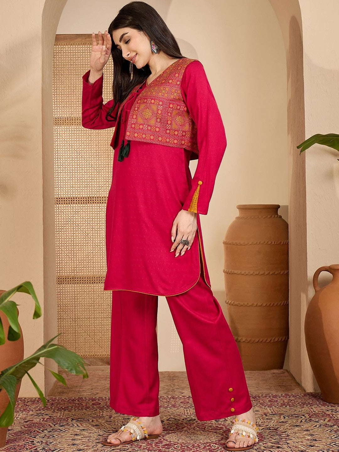 Winter Ethnic three-Piece kurta Set with Tassel-Tie Jacket