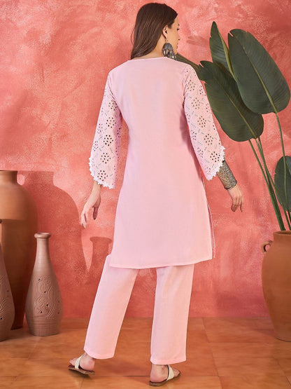Dhiyona SN Women's Chikankari Embroidered 100% Cotton Kurta With Trousers