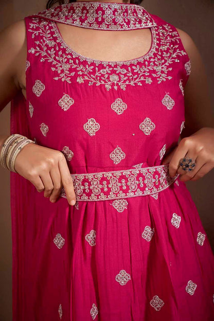 Dhiyona AN Floral Embroidered Thread Work Raw Silk Kurta With Sharara And Dupatta