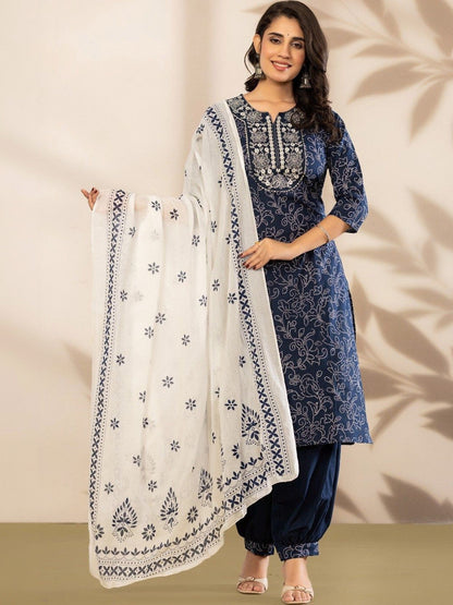 Women Ethnic Motifs Printed Regular Thread Work Pure Cotton Kurta with Patiala & With Dupatta
