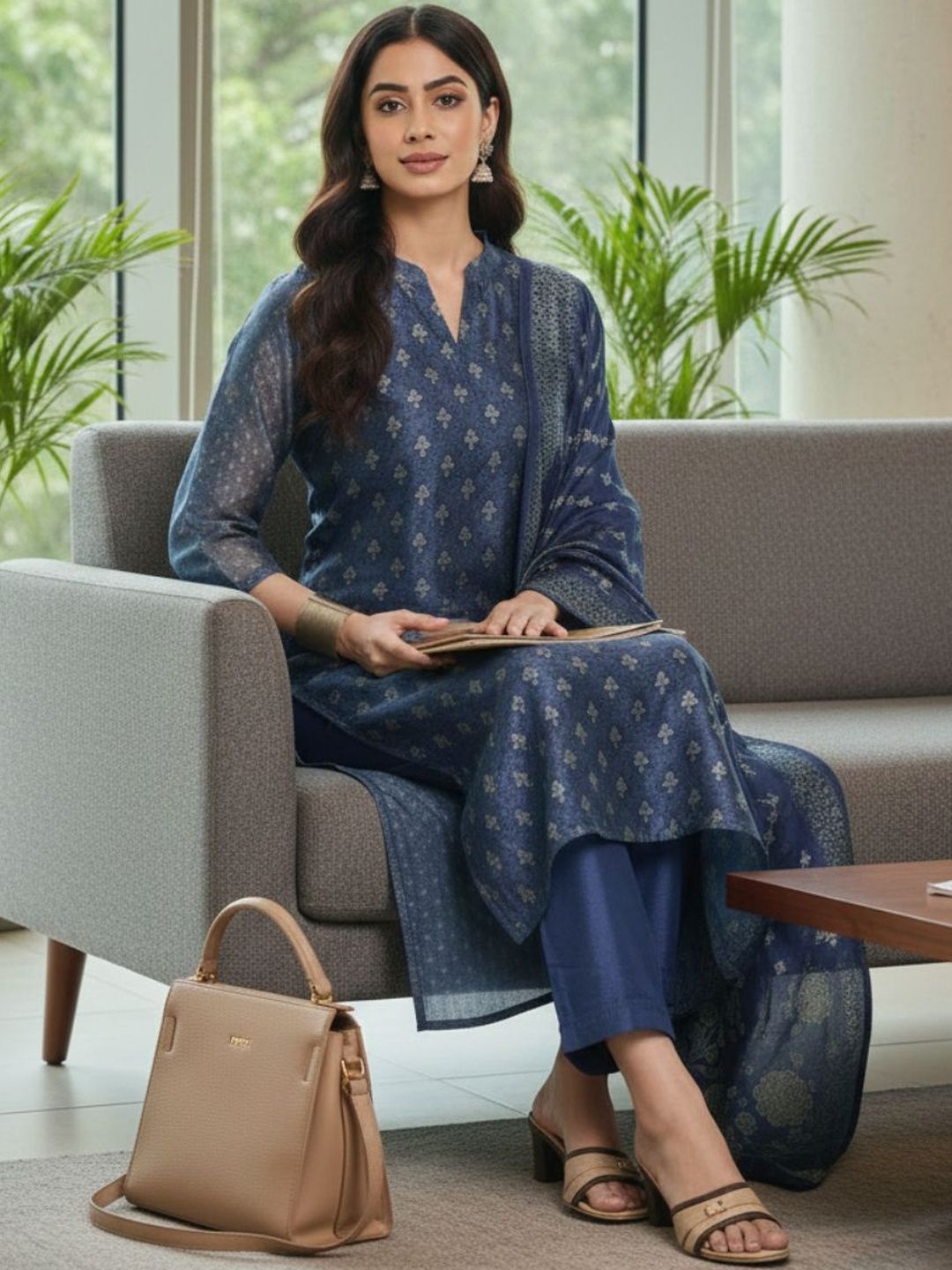 Navy Blue Women Floral Printed Regular Chanderi Silk Kurta with Trousers & With Dupatta