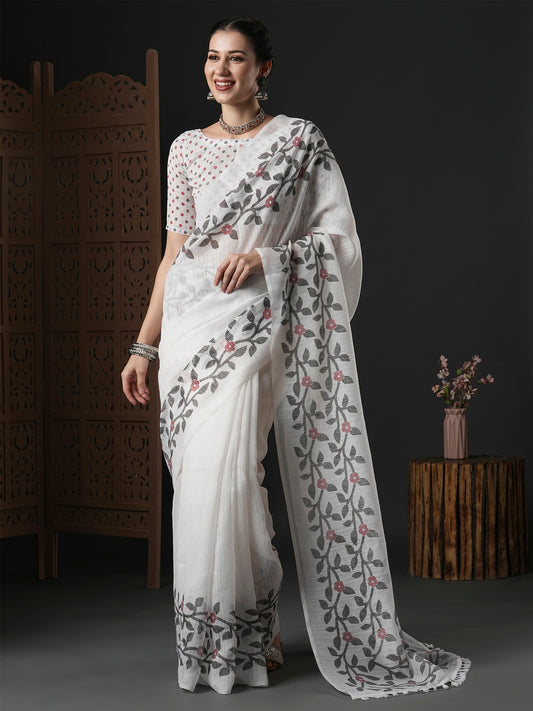 Women's Cotton Slub White Printed Designer Saree With Blouse Piece