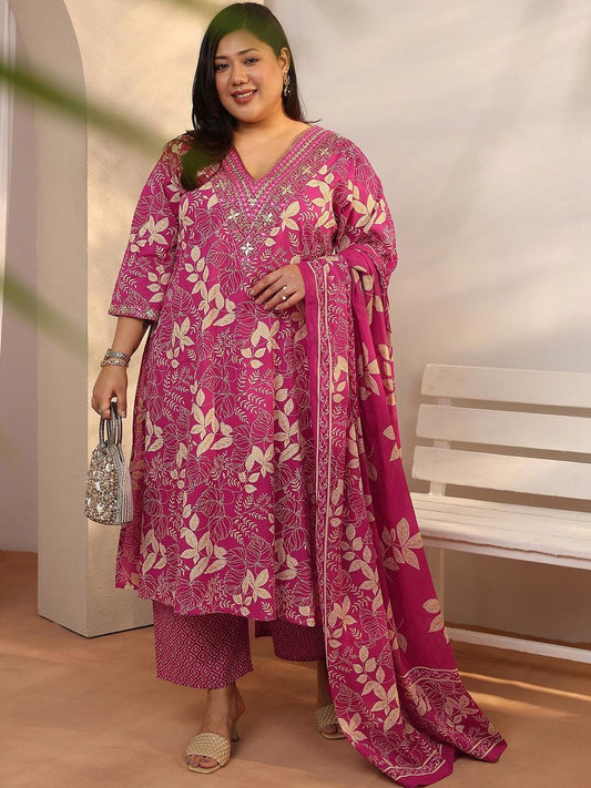 Dhiyona Women's Plus Size Floral Printed Kurta with Trousers & Dupatta