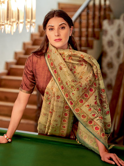 Women's Soft Silk Beige Printed Designer Saree With Blouse Piece