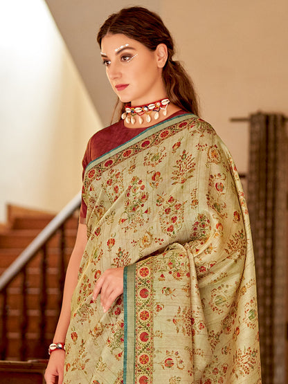 Women's Soft Silk Beige Printed Designer Saree With Blouse Piece