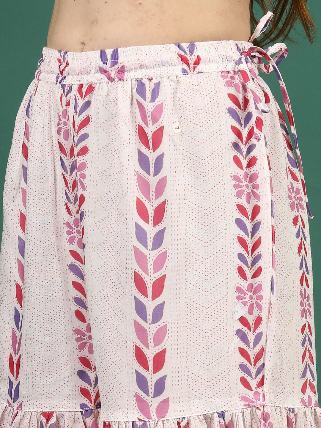 White & Pink Floral Printed Notch Neck Anarkali Kurta With Sharara & Dupatta