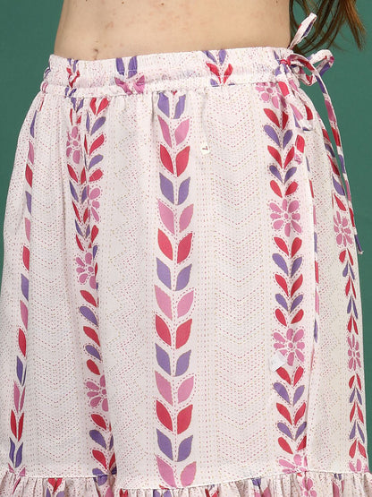 White & Pink Floral Printed Notch Neck Anarkali Kurta With Sharara & Dupatta