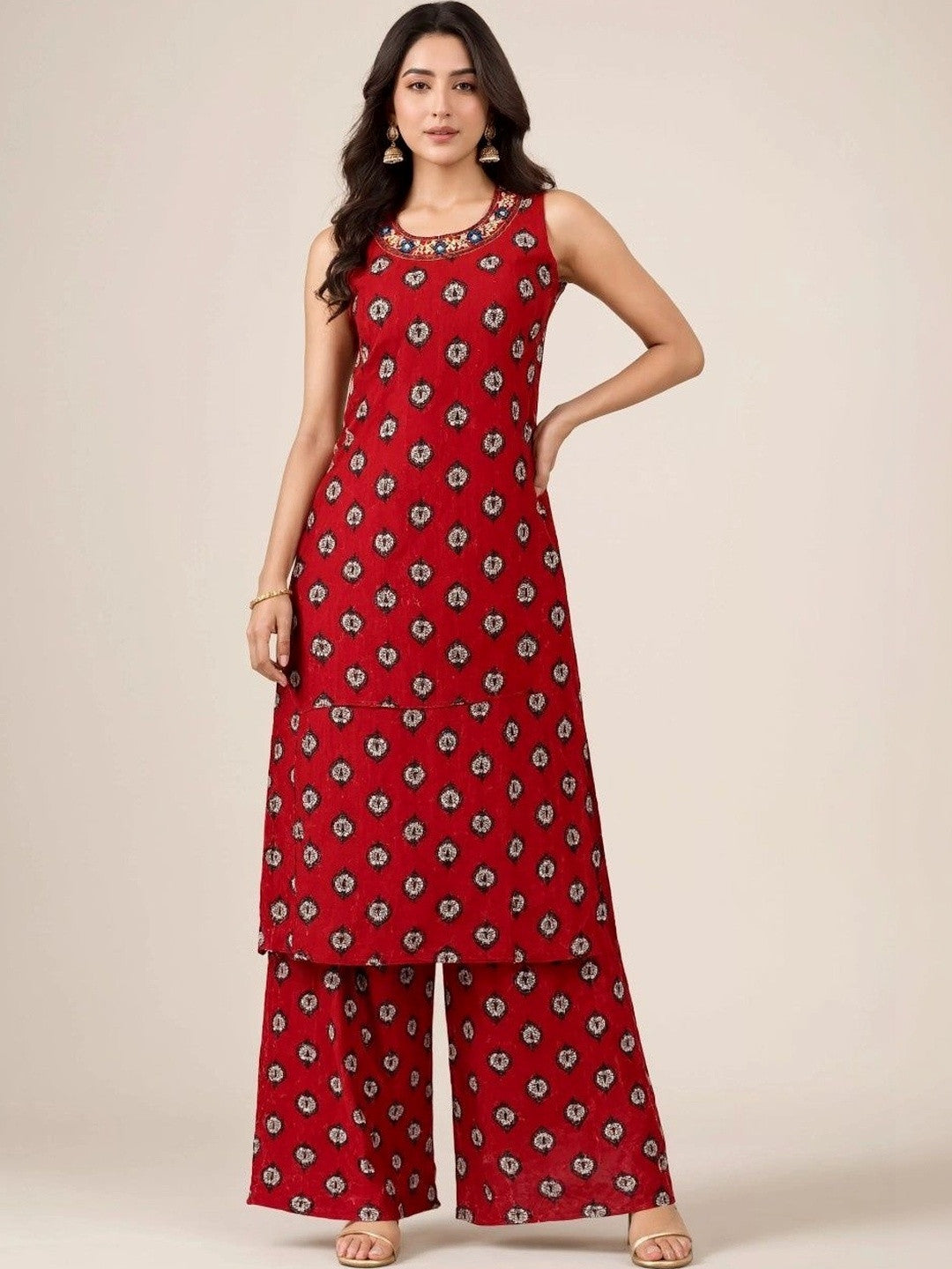 Women Ethnic Motifs Printed Regular Thread Work Pure Cotton Kurta with Palazzos