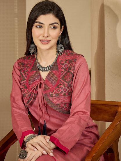 Winter Ethnic Fusion three-Piece kurta Set with Tassel-Tie Jacquard Jacket