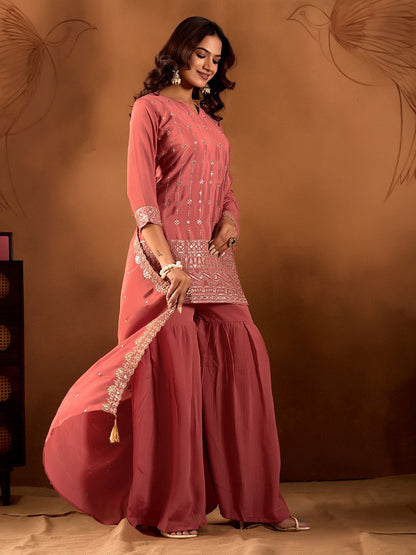Dhiyona AN Women Ethnic Motifs Embroidered Regular Sequinned Kurta with Sharara & With Dupatta