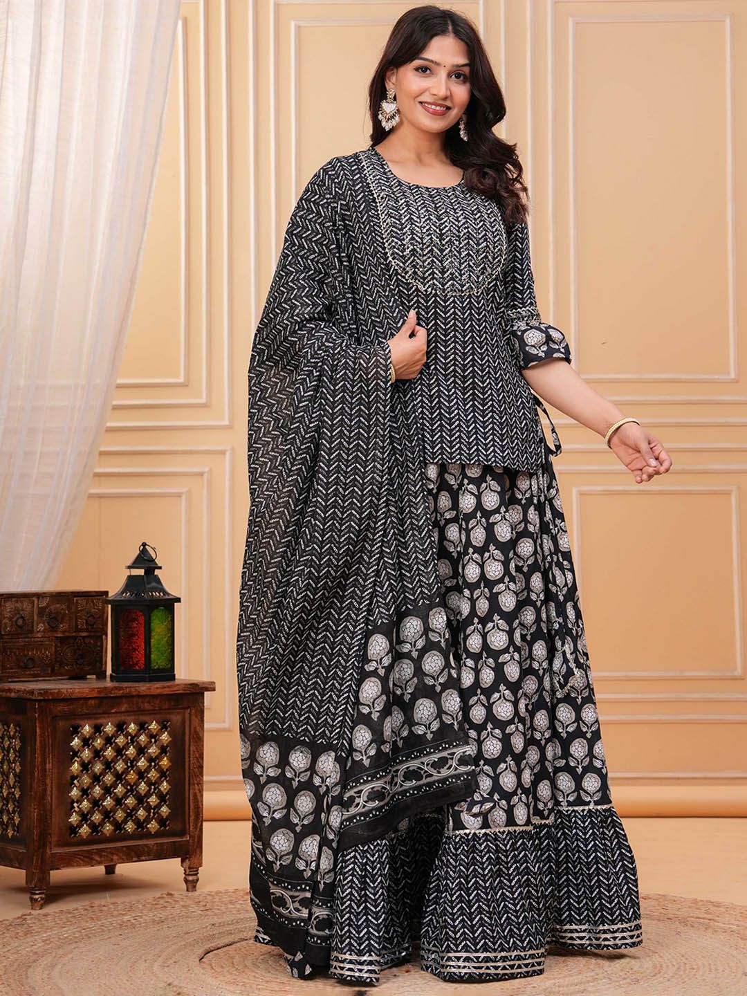 Dhiyona KL Women Ethnic Motifs Printed Cotton A-Line Kurti with Skirt & Dupatta