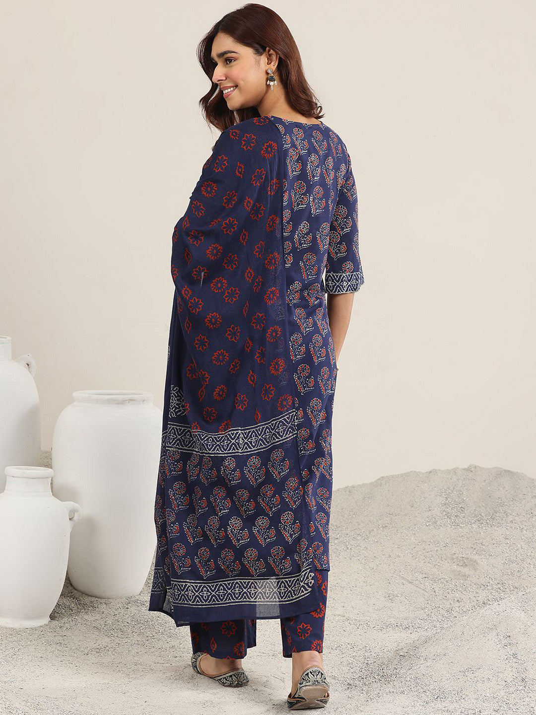 Ajrakh Printed Keyhole Neck Straight Kurta With Palazzos And Dupatta