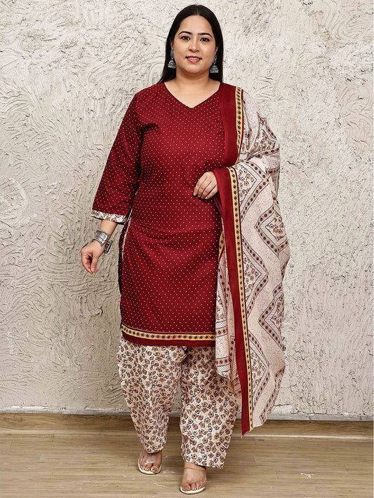 Dhiyona KL Polka Dots Printed V-Neck Straight Kurti With Salwar & Dupatta