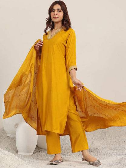 Yoke Design V-Neck Straight Sequinned Kurta With Trousers And Dupatta