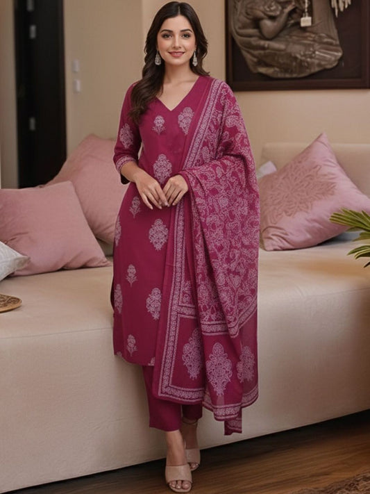 Dhiyona KL Women Ethnic Motifs Printed Regular Kurta with Trousers & With Dupatta
