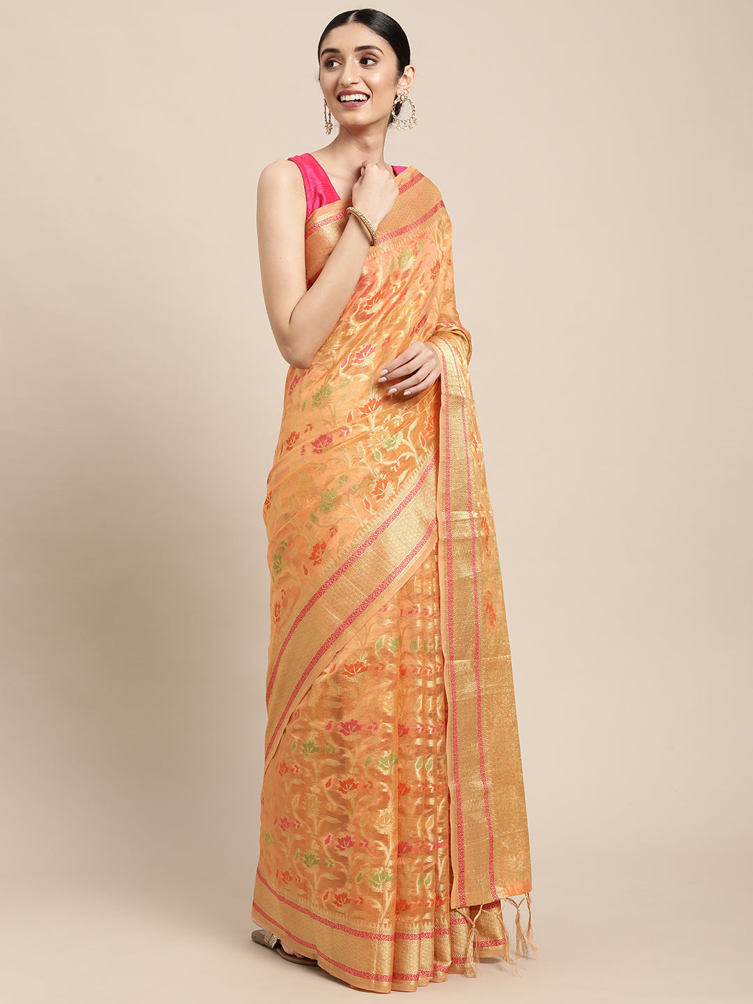 Dhiyona GR Women's Gulmohar Tangerine Orange Organza Saree