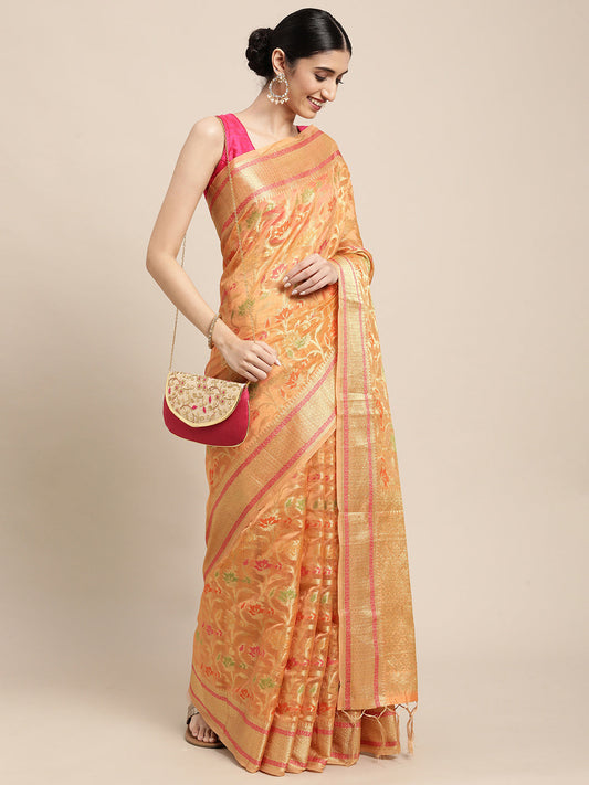 Dhiyona GR Women's Gulmohar Tangerine Orange Organza Saree