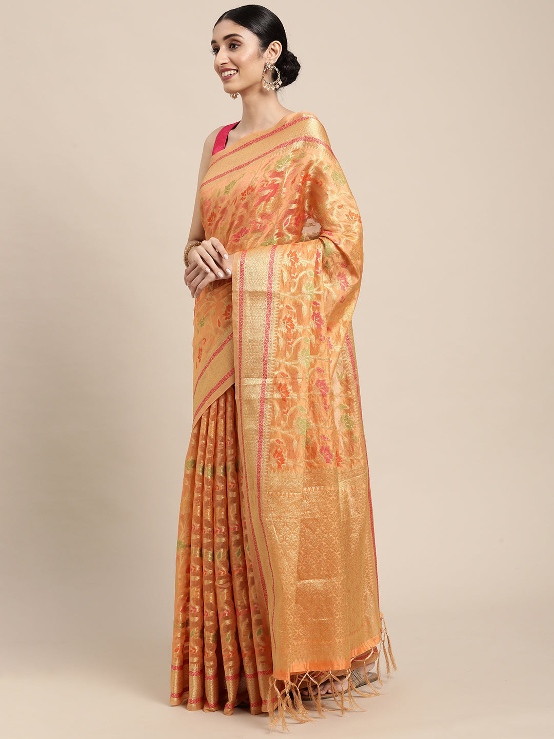 Dhiyona GR Women's Gulmohar Tangerine Orange Organza Saree