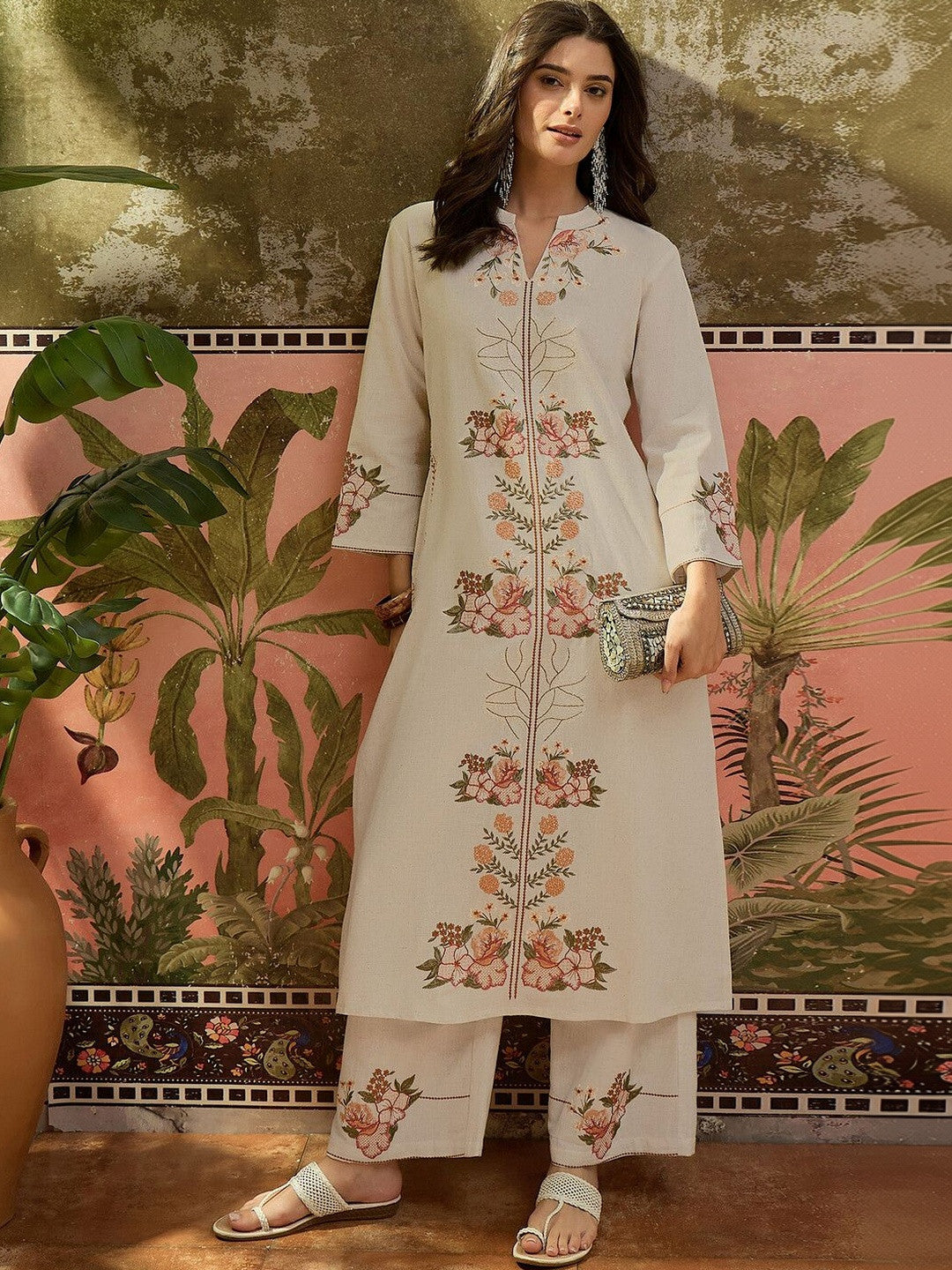 Embroidered Off White Cotton Blend Kurta Set
