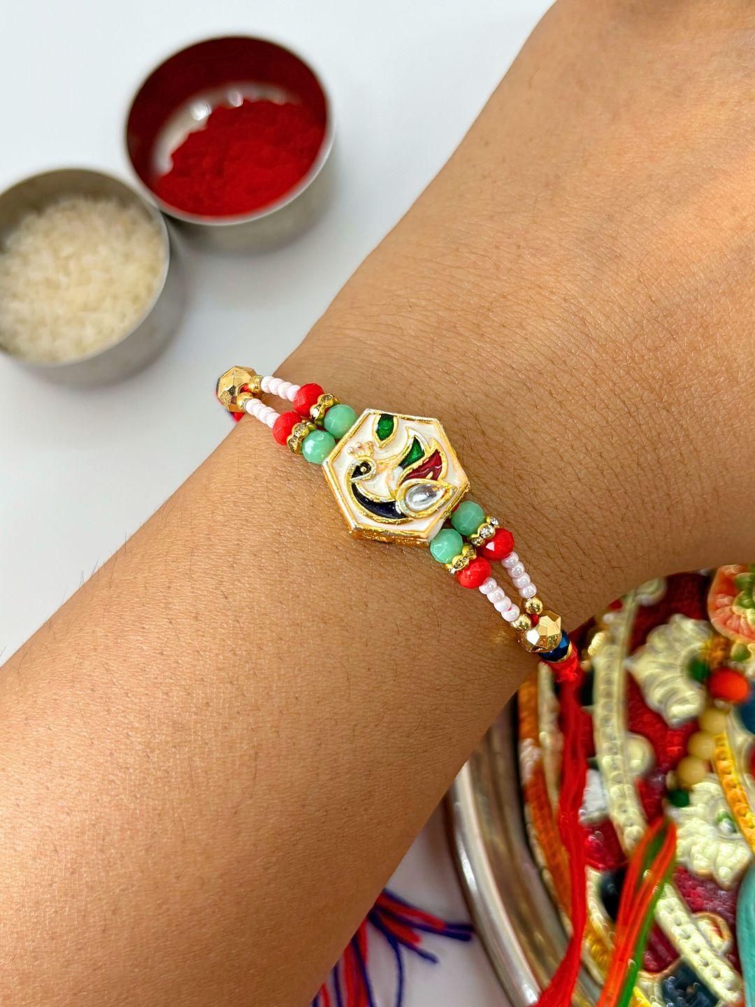 Dhiyona 3 pcs Meenakari Kundan Traditional Handmade Rakhi for Brother