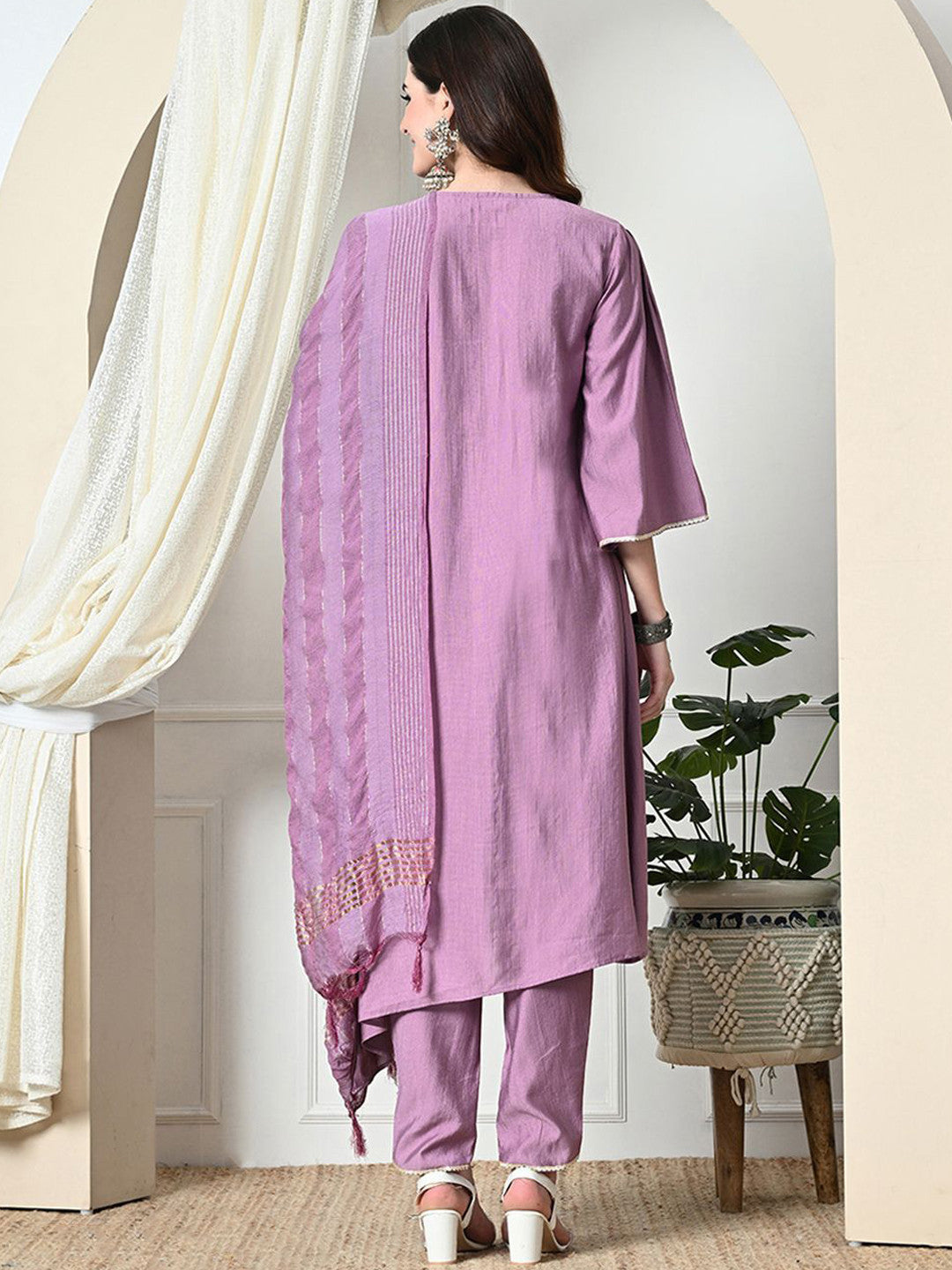 Women Sequined V-Neck A-Line Kurta With Dhoti Pants & Dupatta Set
