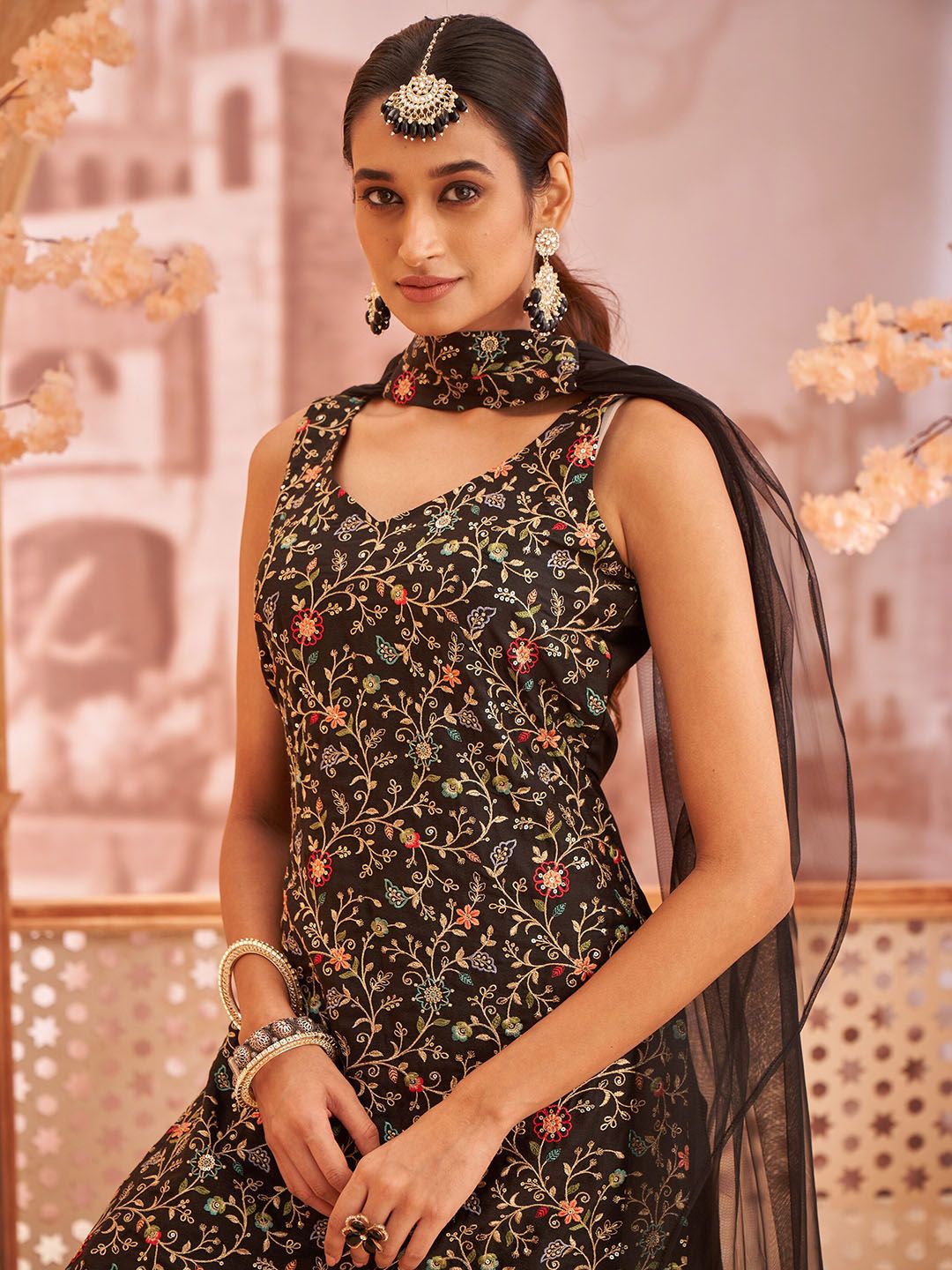 Dhiyona KL Floral Embroidered Sleeveless Georgette Straight Kurti With Sharara & Dupatta