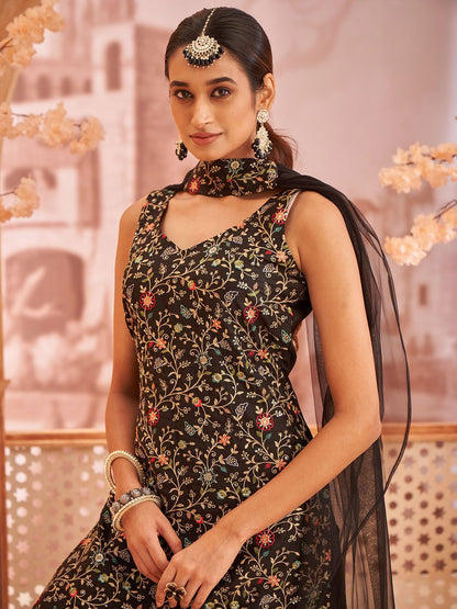Dhiyona KL Floral Embroidered Sleeveless Georgette Straight Kurti With Sharara & Dupatta