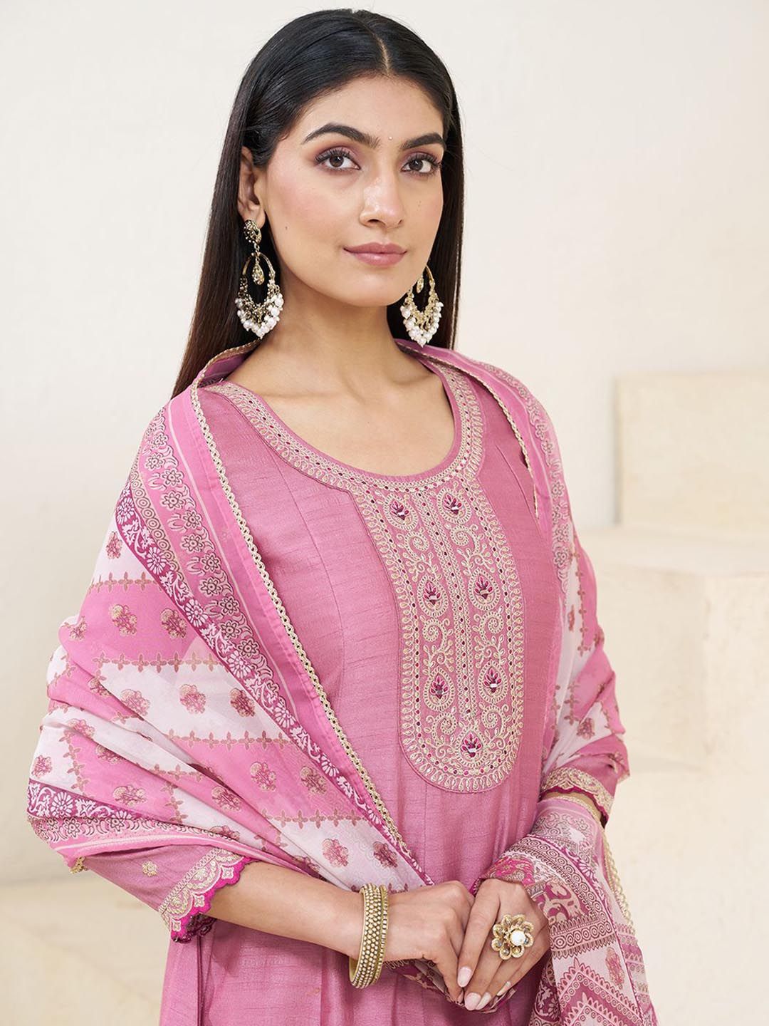 Dhiyona CH Embroidered U-Neck Anarkali Mirror Work Kurta With Trousers & Dupatta