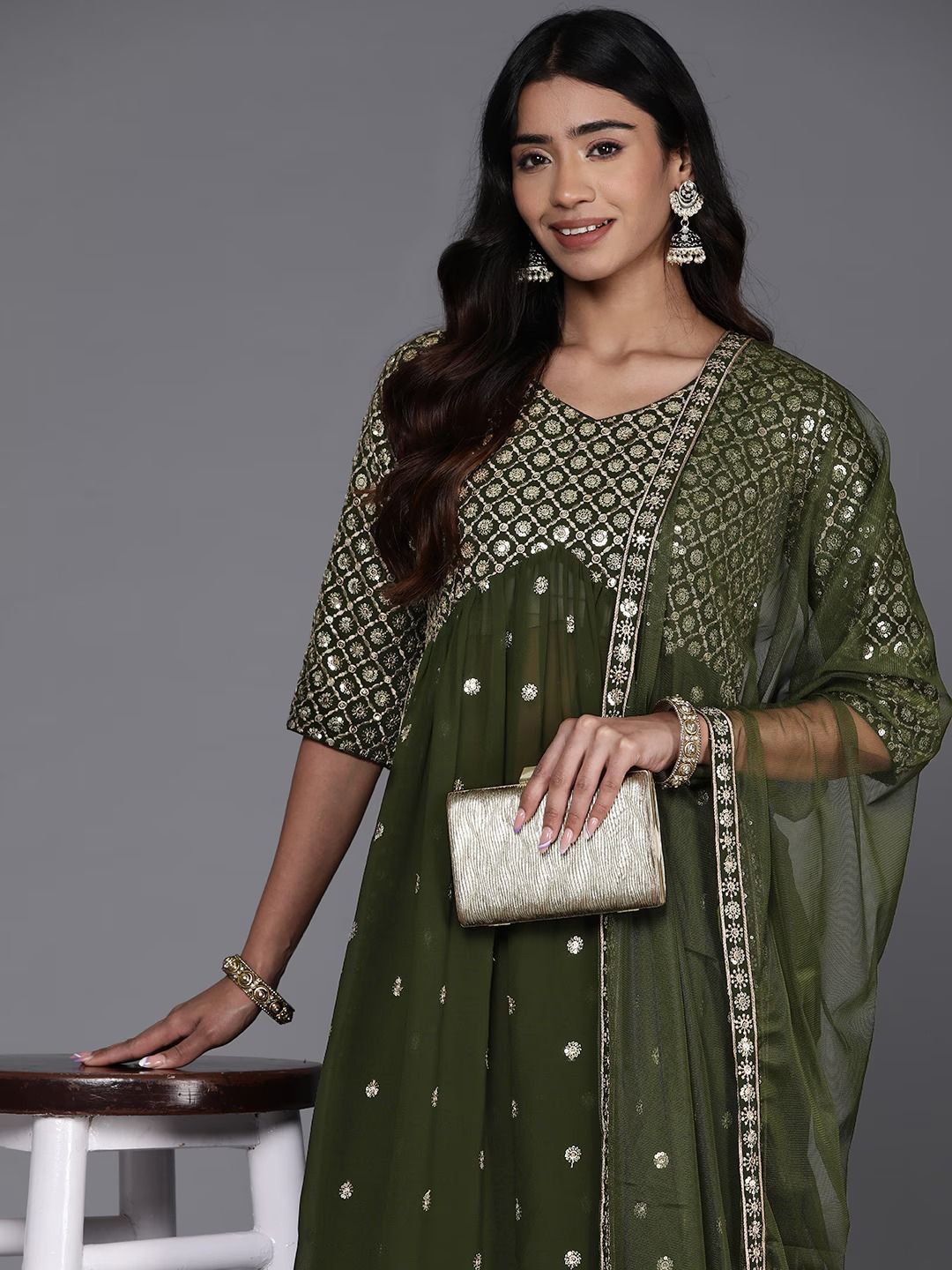 Dhiyona KL Floral Embroidered Pleated Sequinned A-Line Kurta With Palazzos & Dupatta