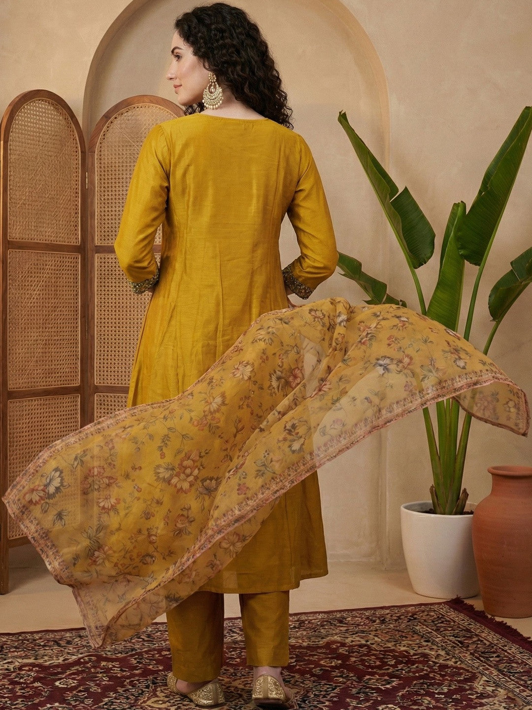 Embroidered V-Neck Kurta & Trousers With Dupatta