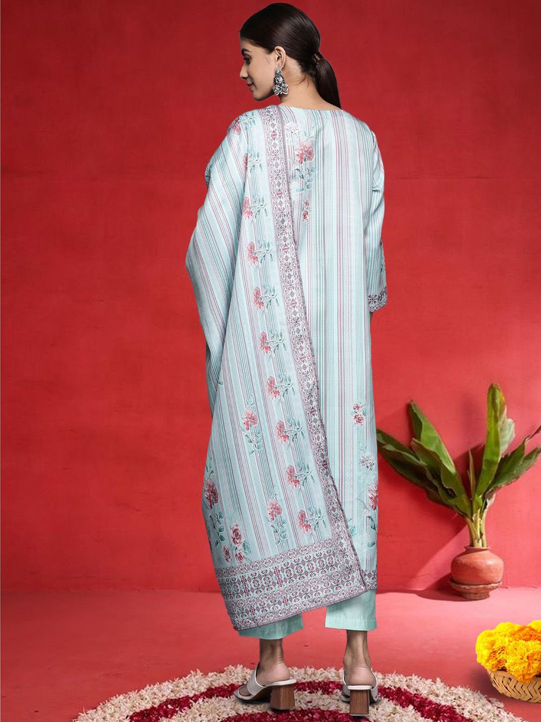 Blue Women Floral Printed Kurta with Palazzo & Dupatta