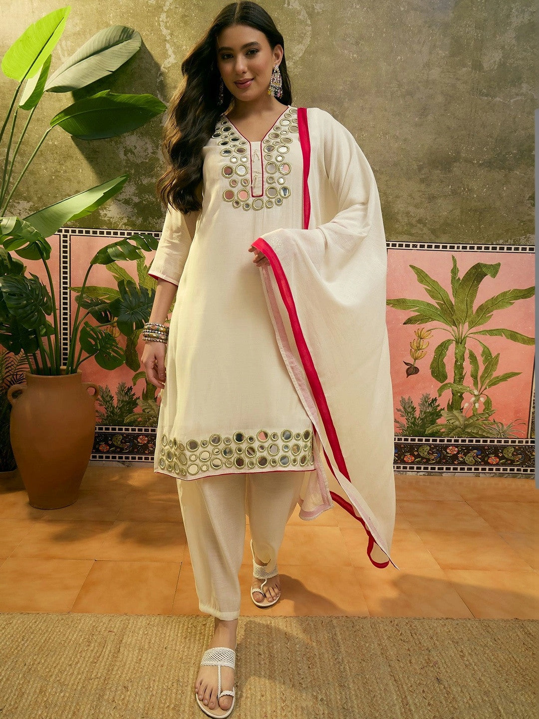 Women Embroidered Regular Mirror Work Kurta with Trousers & With Dupatta