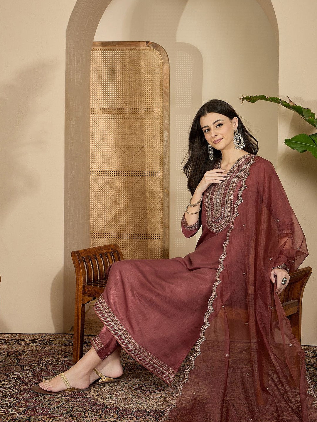 Embroidered V-Neck Kurta & Trousers With Dupatta